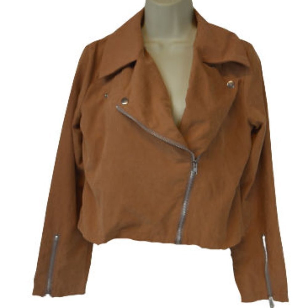 Womens Camel Lightweight Short Cropped Faux Suede Zipper Jacket